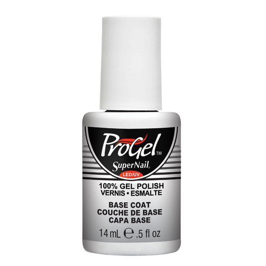 A bottle of ProGel SuperNail LED Base Coat gel polish in a silver bottle with a white cap, shown on a plain white background.