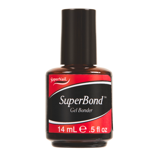 A bottle of SuperNail SuperBond Gel Bonder, 14 mL (0.5 fl oz), featuring a black cap and a red and black label with white text.