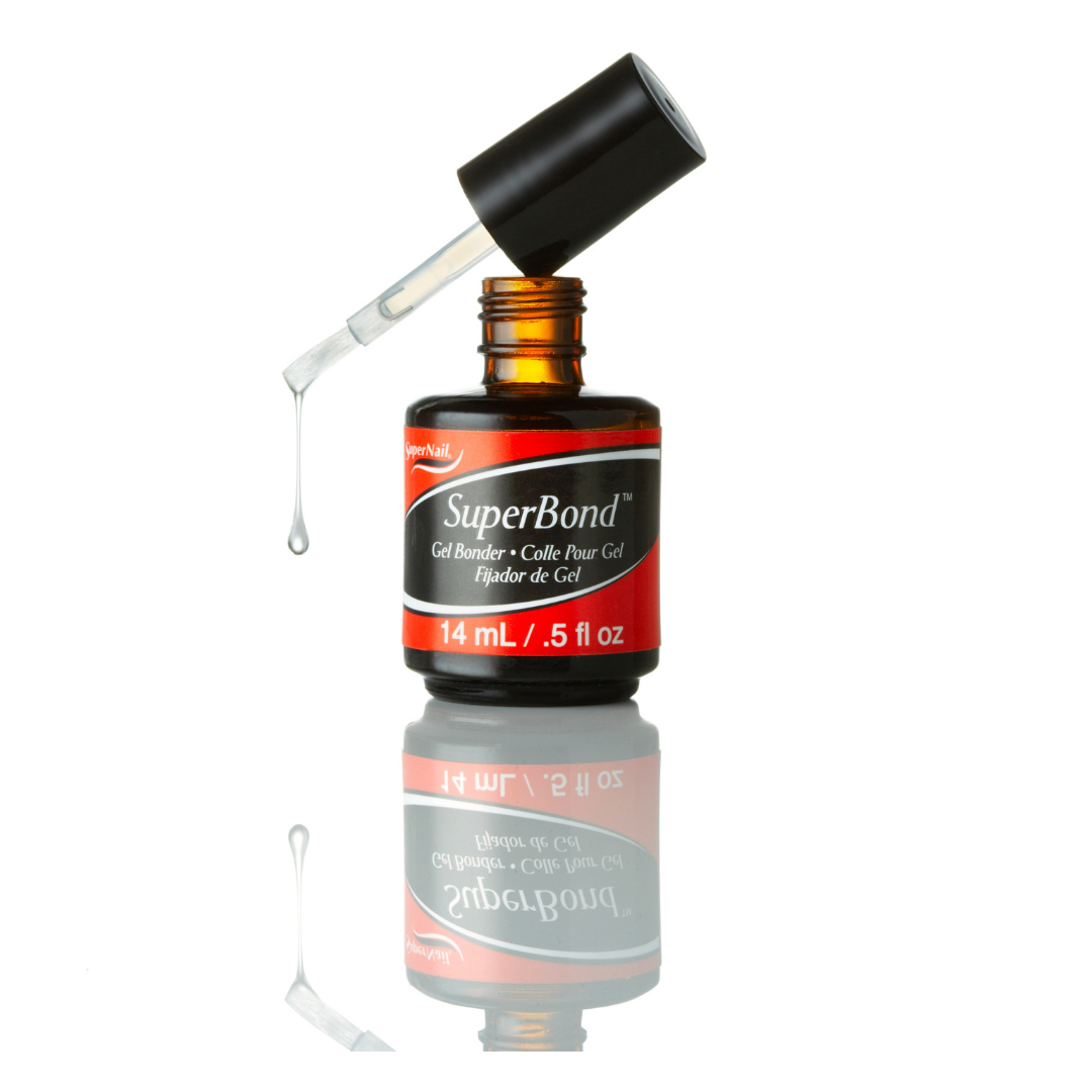 A bottle of SuperBond Gel Pre-Base Gel featuring an amber glass bottle, a black cap, and a red and white label, with a glass dropper showing a clear gel drop against a white background with a reflection.