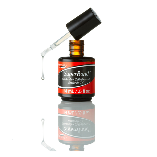 A bottle of SuperBond Gel Pre-Base Gel featuring an amber glass bottle, a black cap, and a red and white label, with a glass dropper showing a clear gel drop against a white background with a reflection.