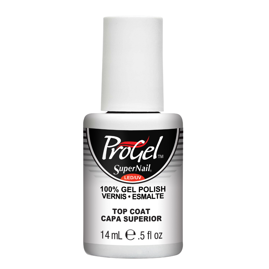 A bottle of ProGel SuperNail LED UV Top Coat gel polish on a solid white background.