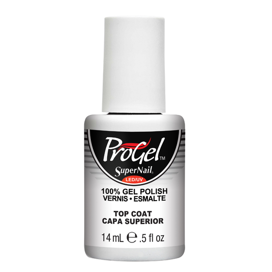 A bottle of ProGel SuperNail LED UV Top Coat gel polish on a solid white background.