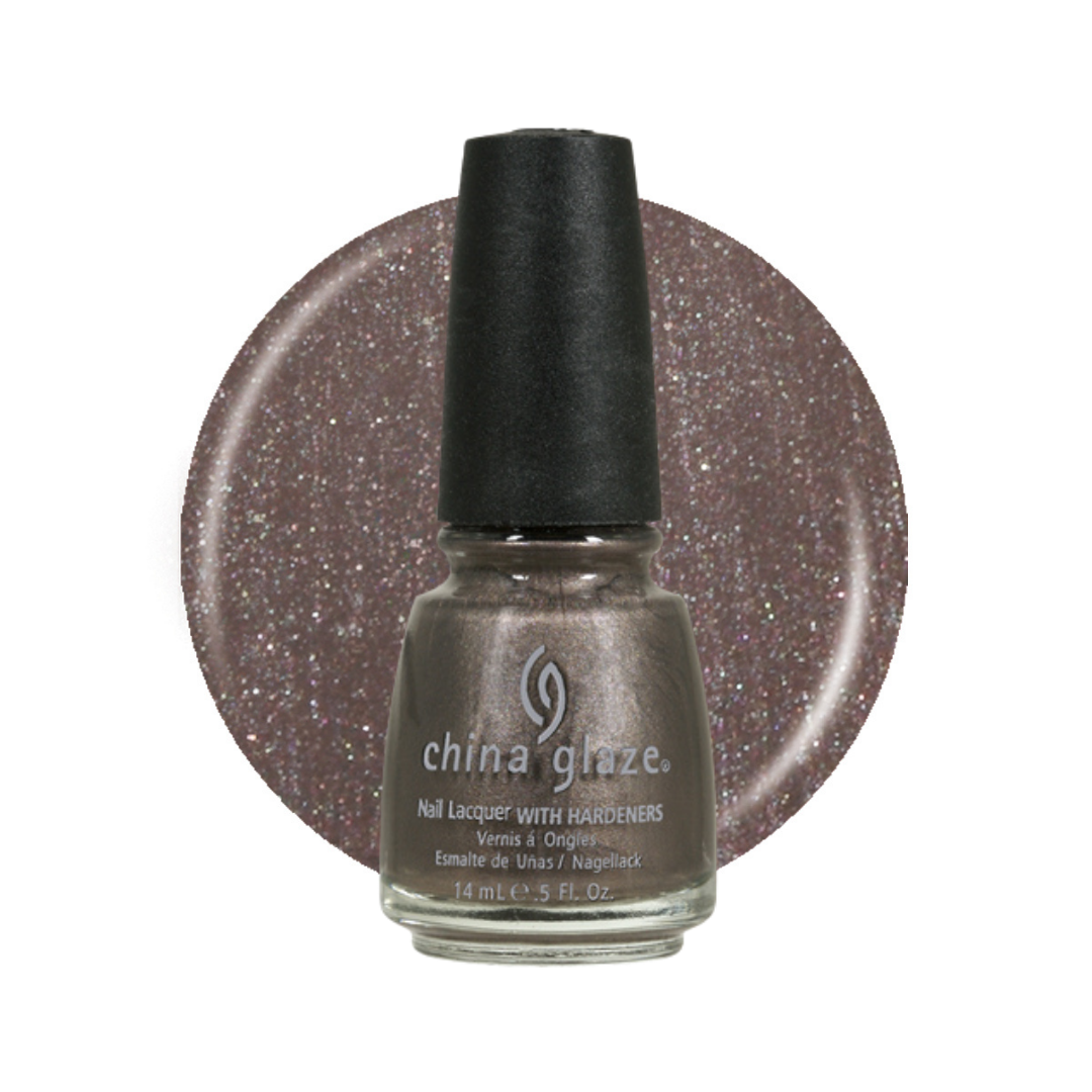 A bottle of China Glaze nail polish with a black cap, shown in front of a circular glitter swatch of the same shimmering taupe-brown shade on a white background.