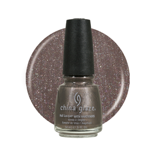 A bottle of China Glaze nail polish with a black cap, shown in front of a circular glitter swatch of the same shimmering taupe-brown shade on a white background.