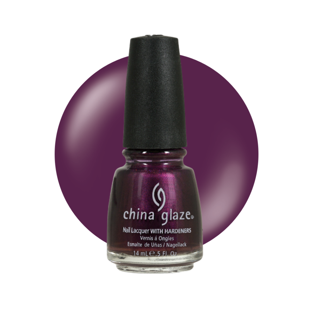 A bottle of China Glaze nail polish in a deep metallic plum purple shade, set against a matching circular color swatch on a white background.