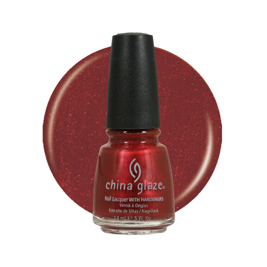 A bottle of China Glaze nail polish in a shimmering deep red shade, shown in front of a matching circular color swatch on a white background.