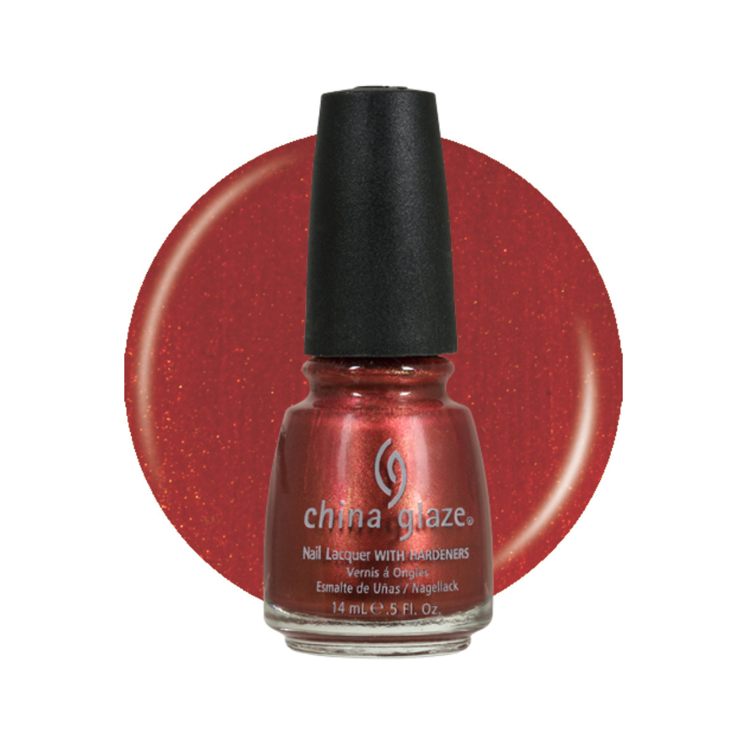A bottle of China Glaze nail polish in a shimmering metallic copper-red shade, set against a matching circular color swatch on a white background.