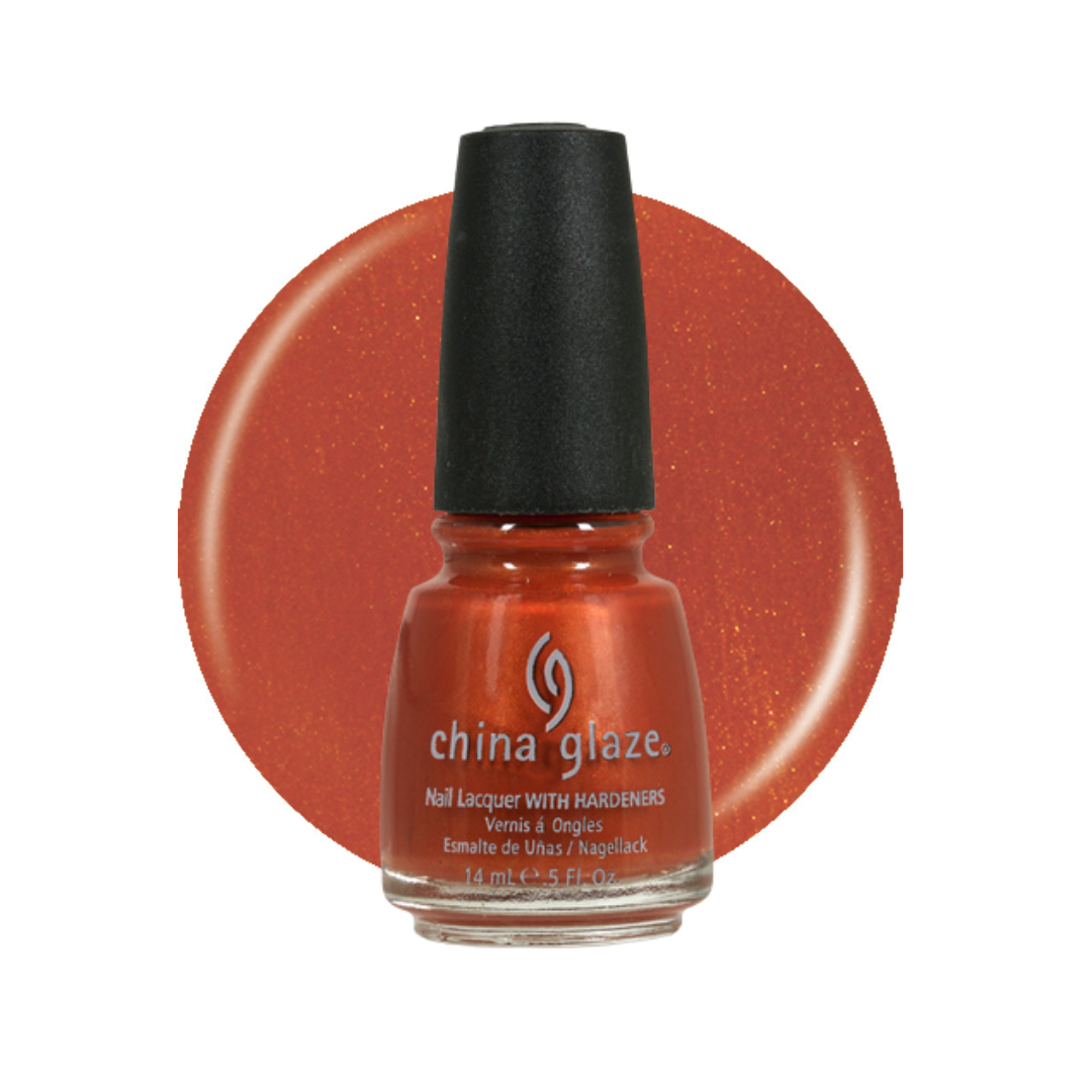 A bottle of China Glaze nail polish in a shimmering burnt orange shade, set against a matching circular color swatch on a white background.