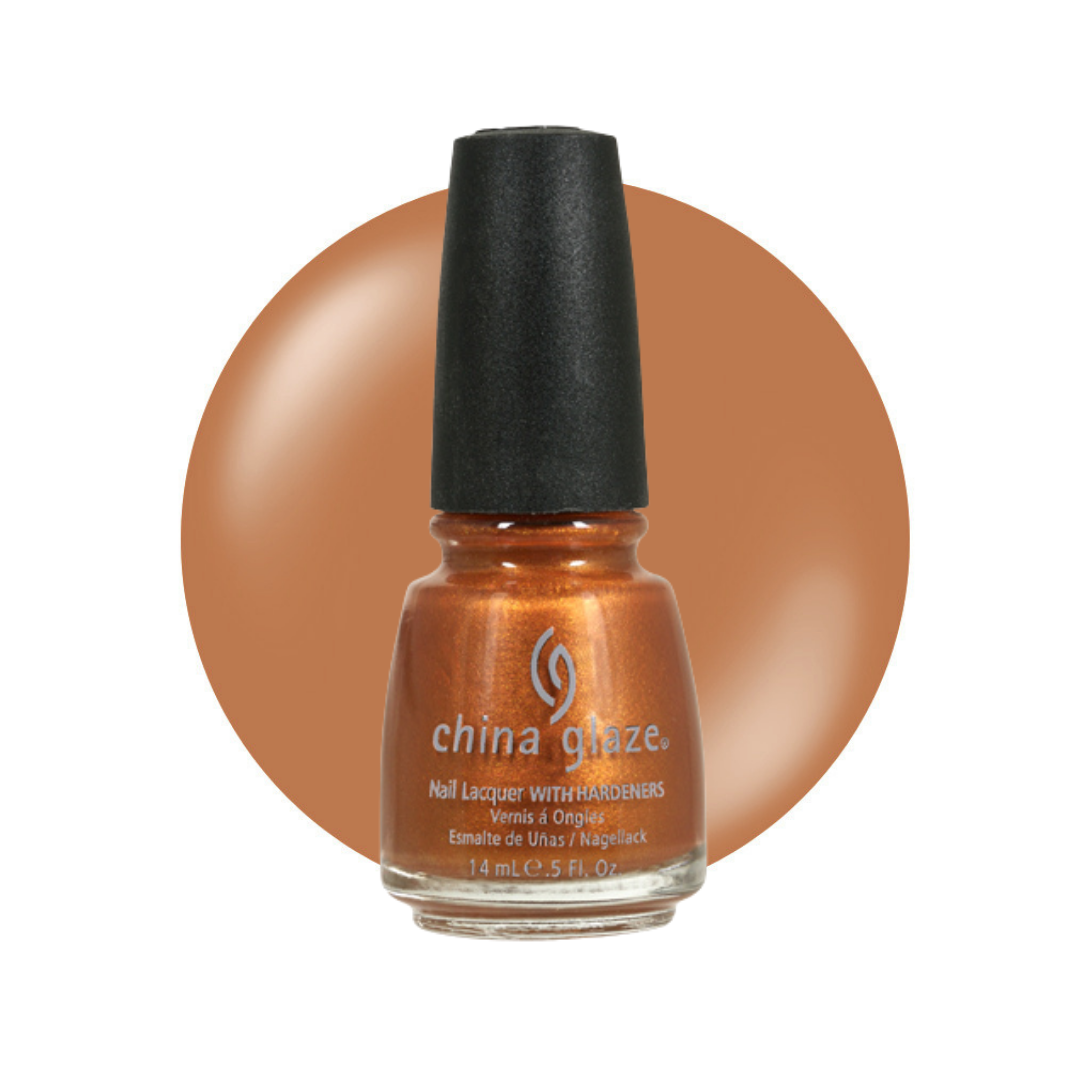 A bottle of China Glaze nail polish featuring a metallic copper-orange polish inside a clear glass bottle with a black cap, set against a matching copper-orange circular swatch on a white background.