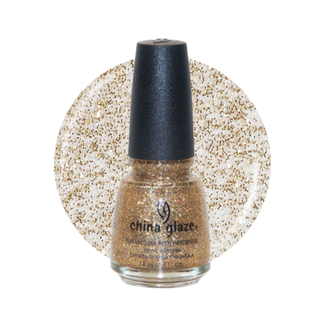A bottle of China Glaze nail polish with a black cap, showing a gold glitter polish inside, set against a circular white background swatch filled with the same gold glitter pattern.