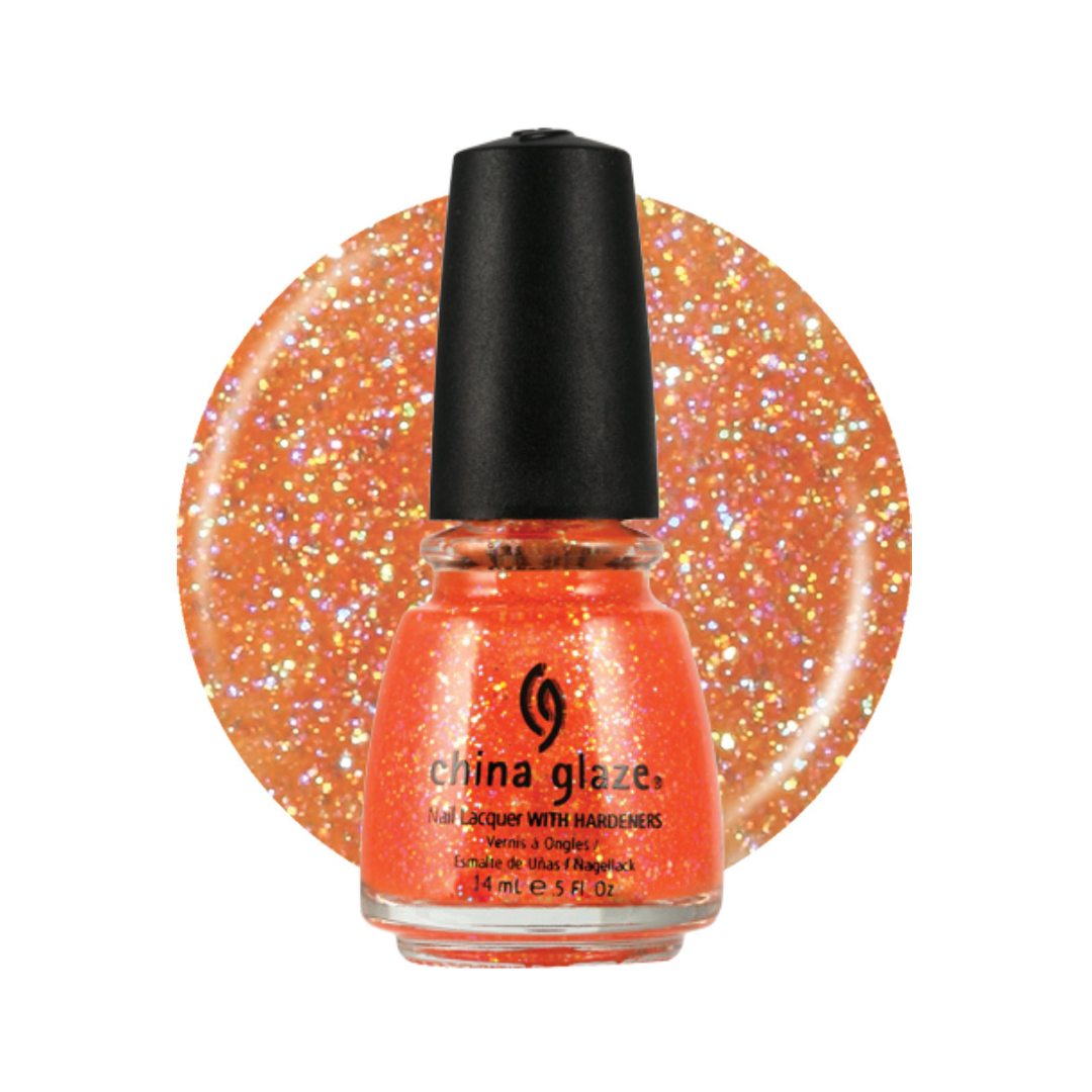A bottle of China Glaze glitter nail polish in a bright orange shade, shown in front of a circular glitter swatch of the same color on a white background.