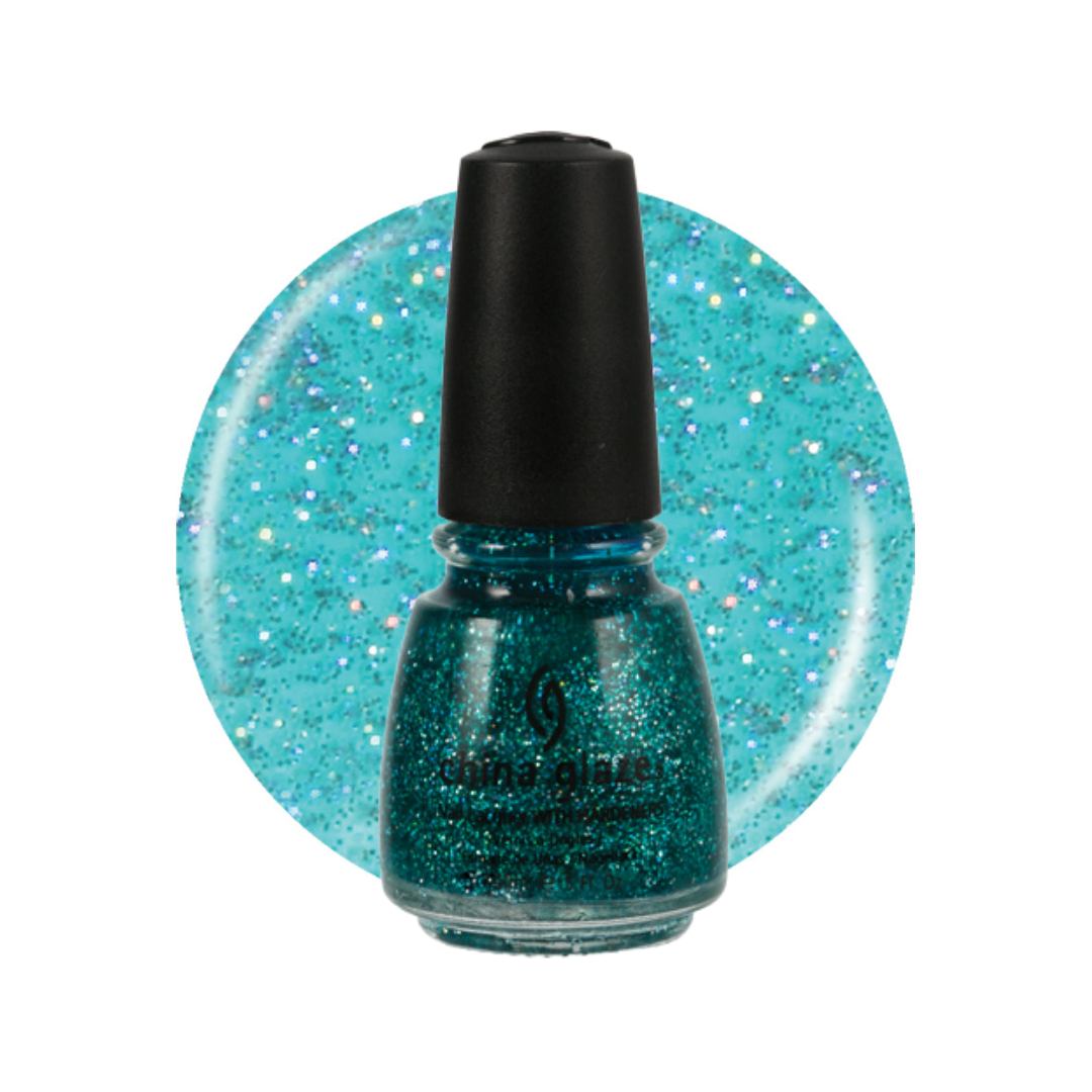 A bottle of China Glaze nail lacquer in a sea green glittery blue shade, shown in front of a large circular swatch of the same sea green blue glitter polish on a white background.
