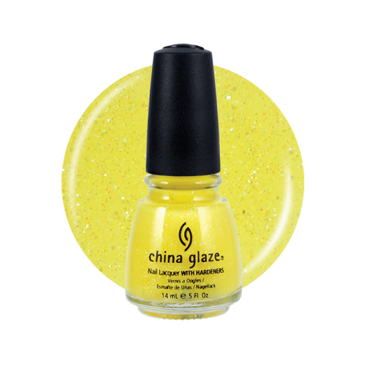 A bottle of China Glaze nail polish in a bright yellow glitter shade, shown against a white background with a matching yellow glitter color swatch behind it.