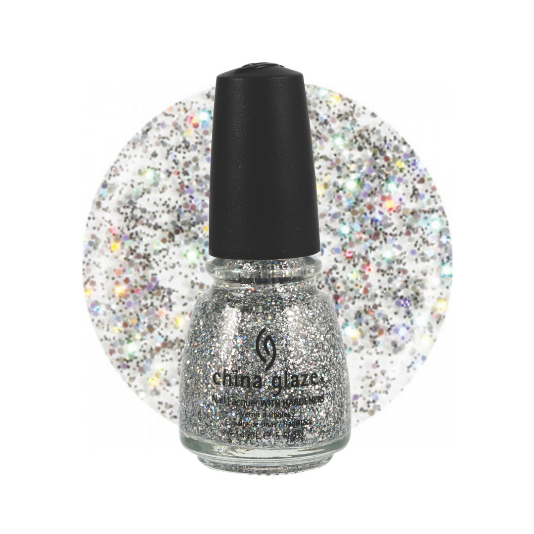 China Glaze glitter nail polish in a clear bottle with a black cap, shown in front of a circular swatch of the silver holographic glitter polish on a white background.