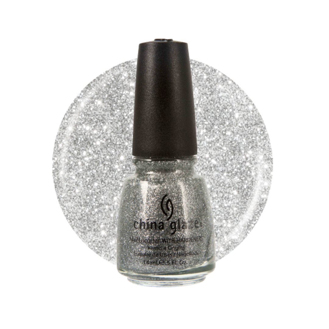 A bottle of China Glaze glitter nail polish in a silver shade, shown with a circular glitter swatch behind it on a white background.