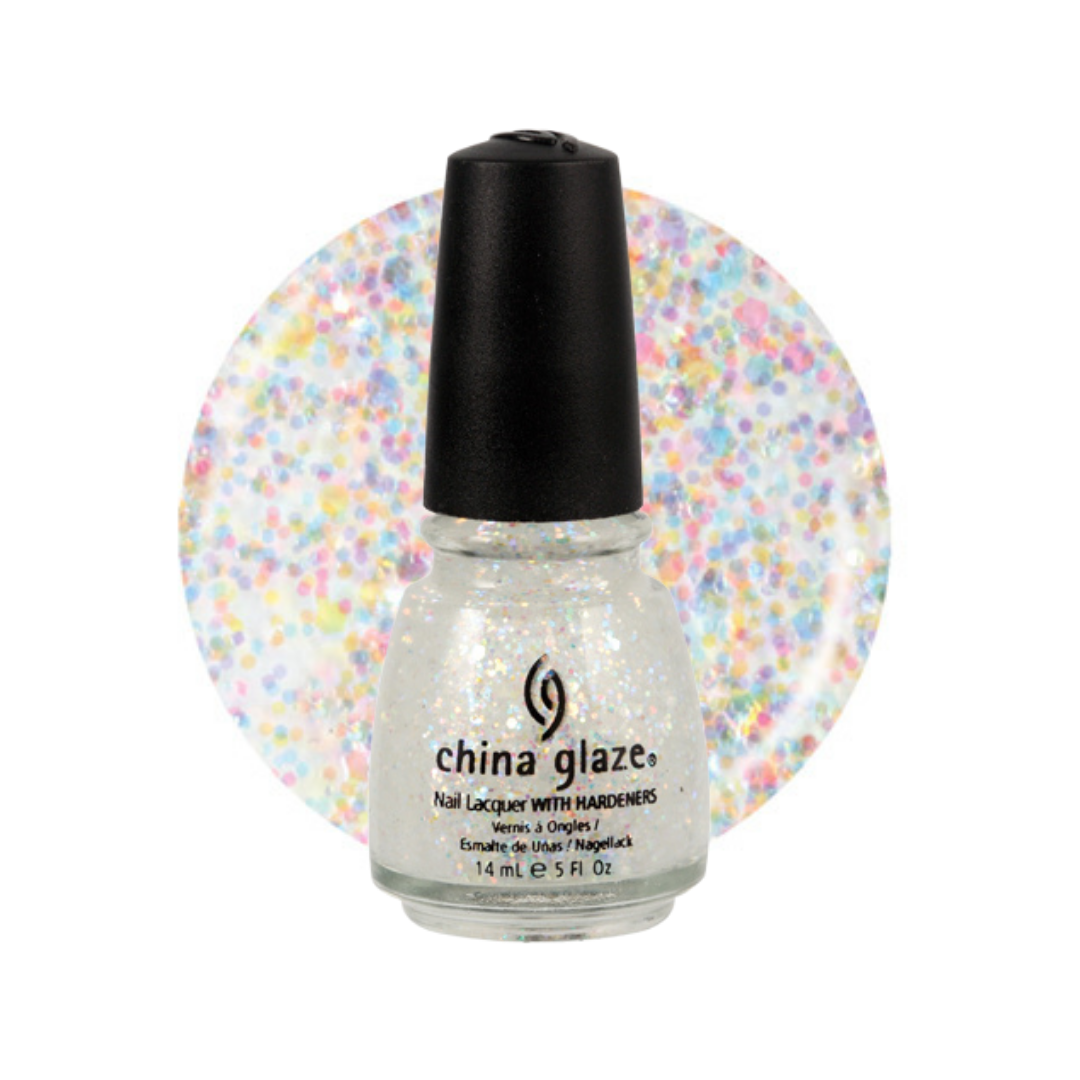 A bottle of China Glaze nail polish with a black cap, shown in front of a circular swatch of iridescent pastel glitter polish on a white background.