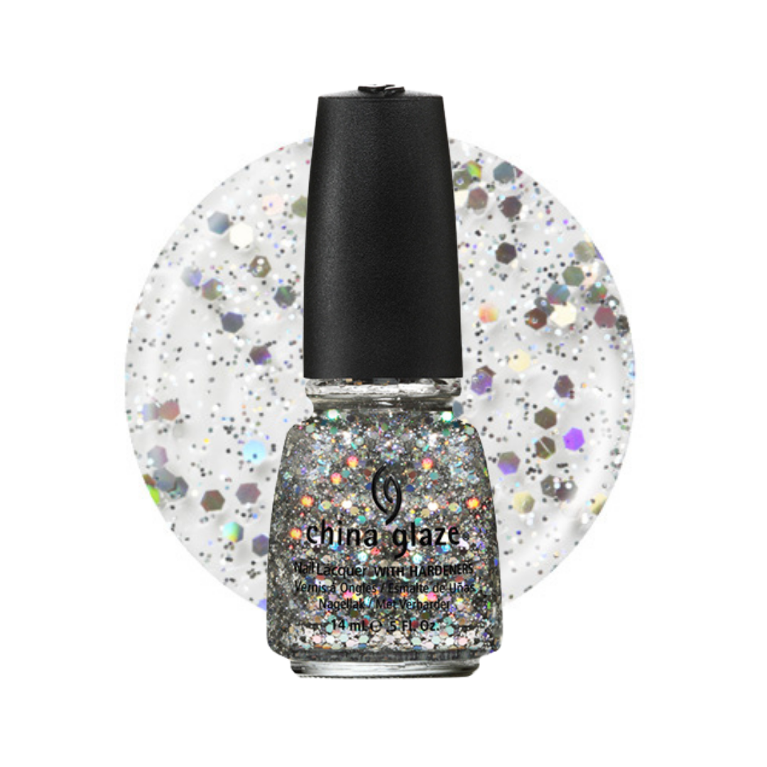 A bottle of China Glaze glitter nail polish with a black cap, shown in front of a circular swatch displaying the silver glitter polish color.