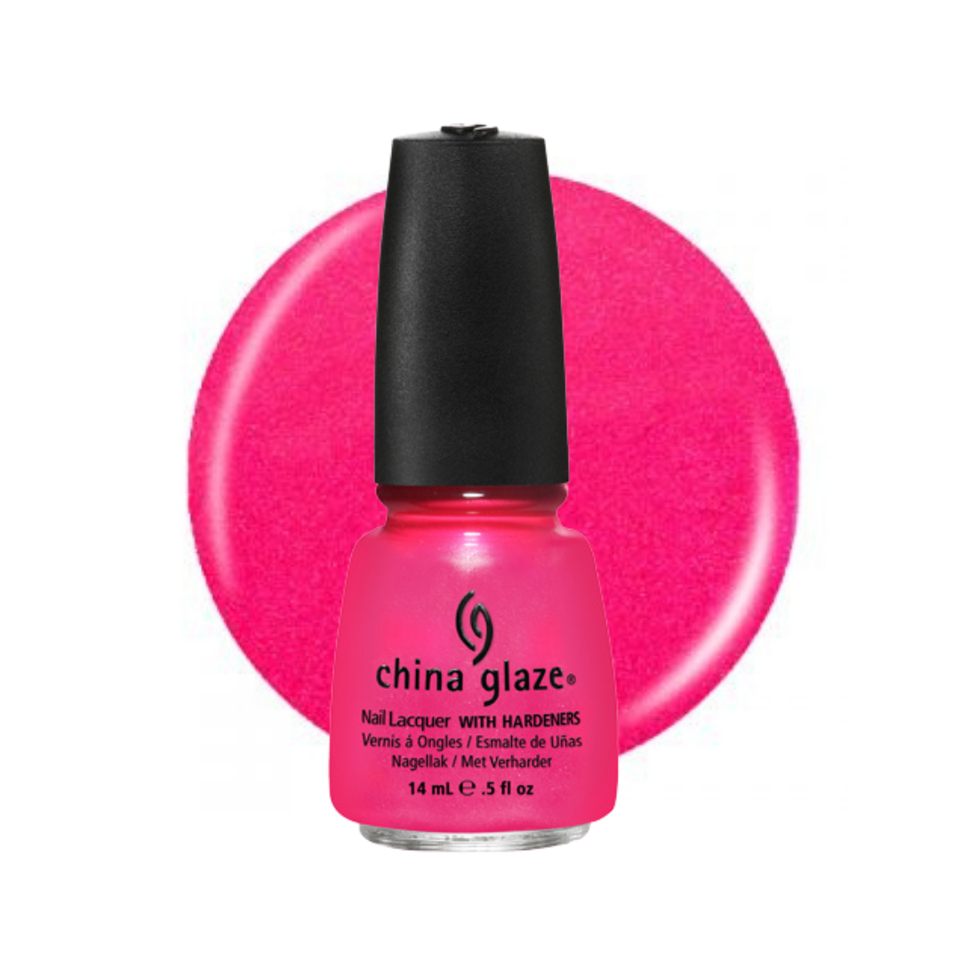 A bottle of China Glaze nail polish in a vibrant hot pink shade, shown against a white background with a matching hot pink color swatch behind it.