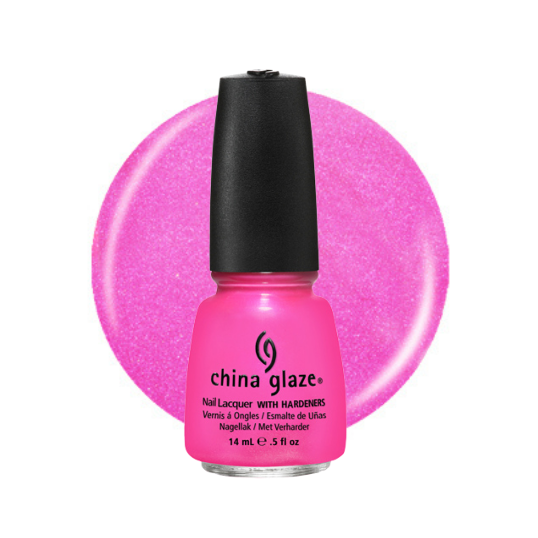 A bottle of China Glaze nail polish in a bright pink shade with a black cap, set against a matching pink glitter swatch on a white background.