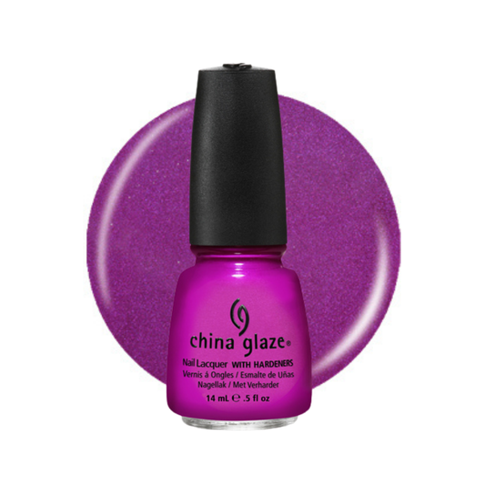 A bottle of China Glaze nail polish in a vibrant purple shade, shown in front of a matching textured circular color swatch on a white background.