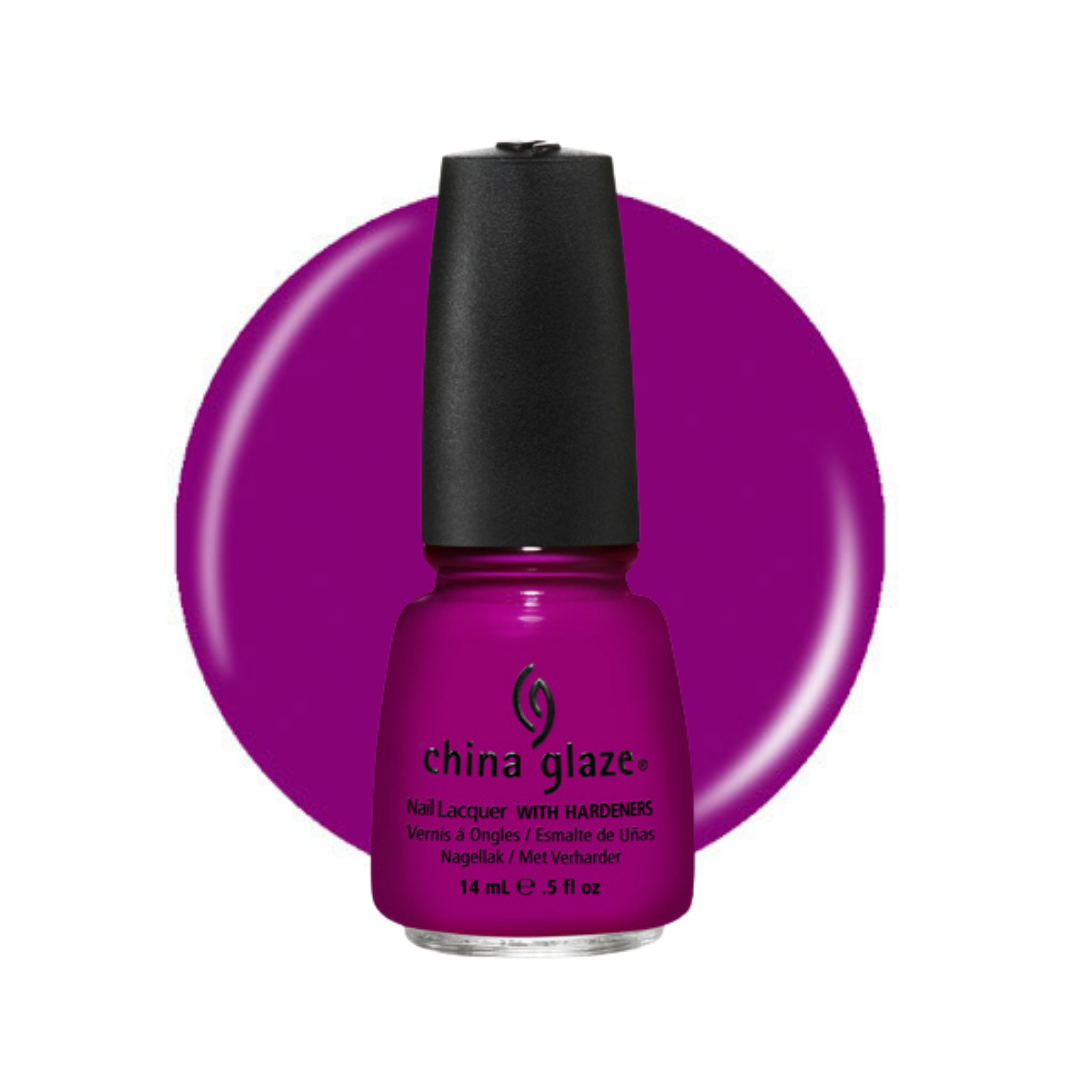 A bottle of China Glaze nail lacquer in a vivid magenta-purple shade, shown in front of a matching circular color swatch on a white background.
