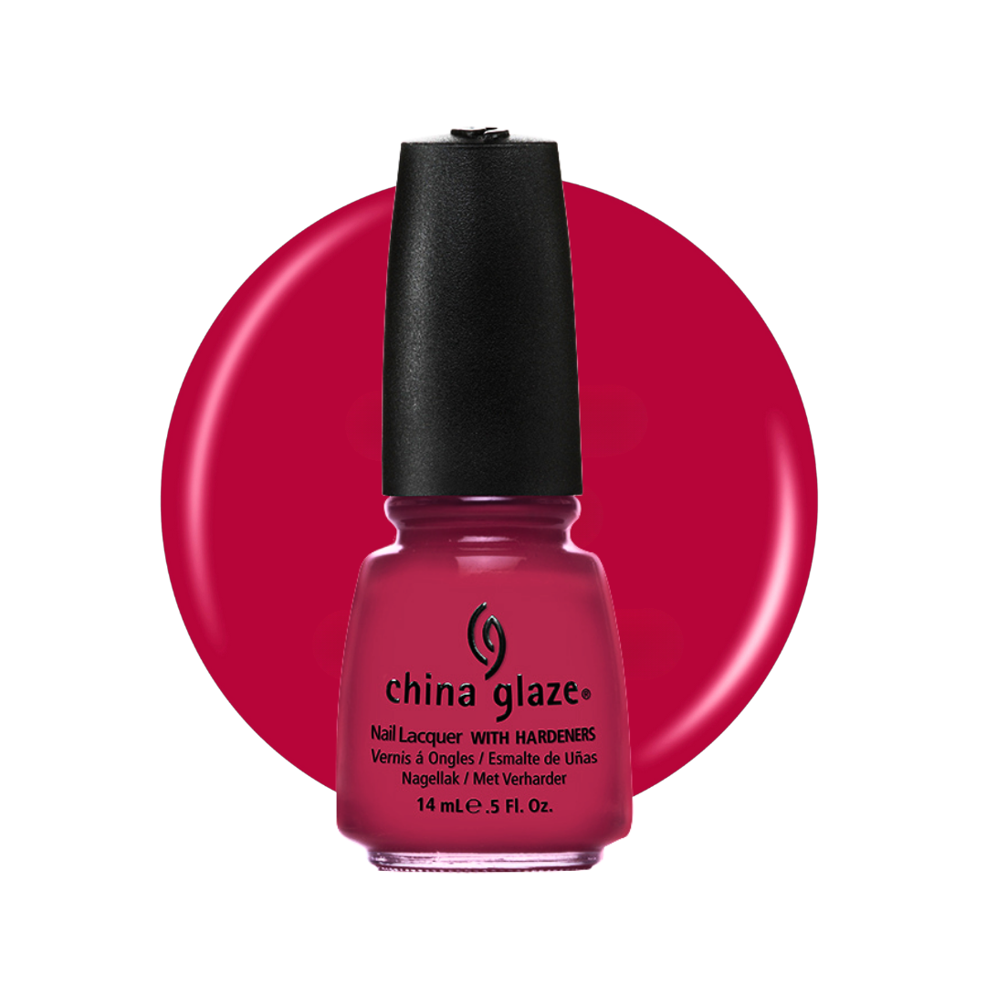 A bottle of China Glaze nail polish with a black cap, set against a large circular color swatch of the same deep berry pink shade on a white background.