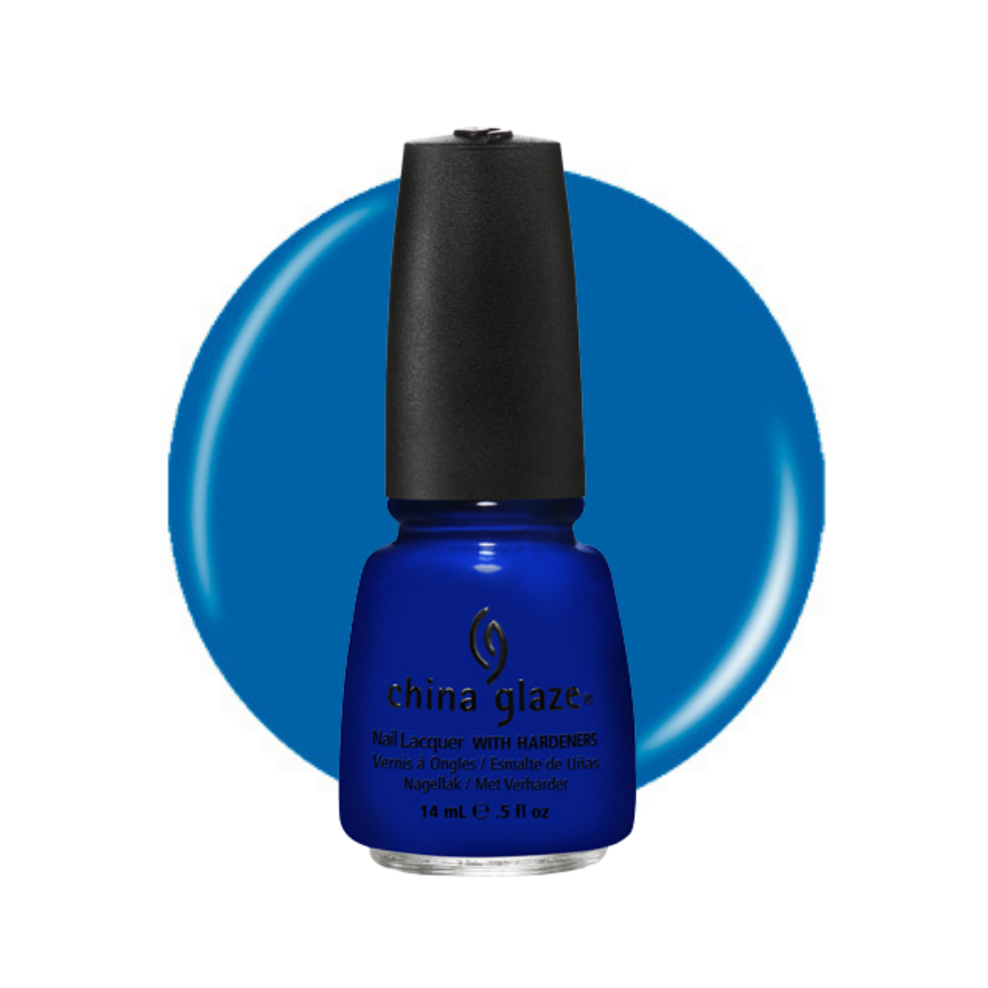 A bottle of China Glaze nail polish in a vibrant medium blue shade, shown against a white background with a large matching blue color swatch behind it.