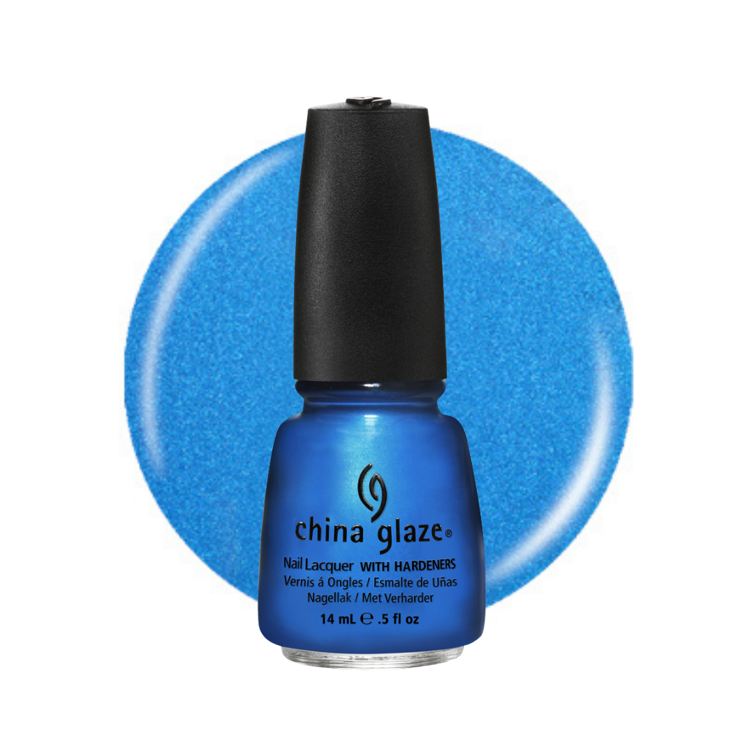 A bottle of China Glaze nail polish in a vibrant blue shade, shown against a white background with a matching blue glitter swatch circle behind it.