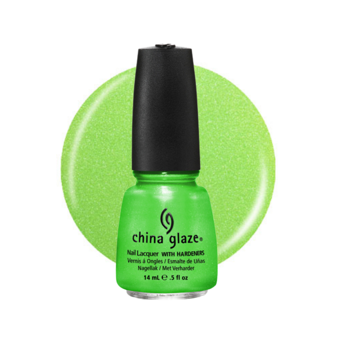A bottle of China Glaze nail polish in a bright glittery lime green shade, shown with a matching circular color swatch behind it on a white background.