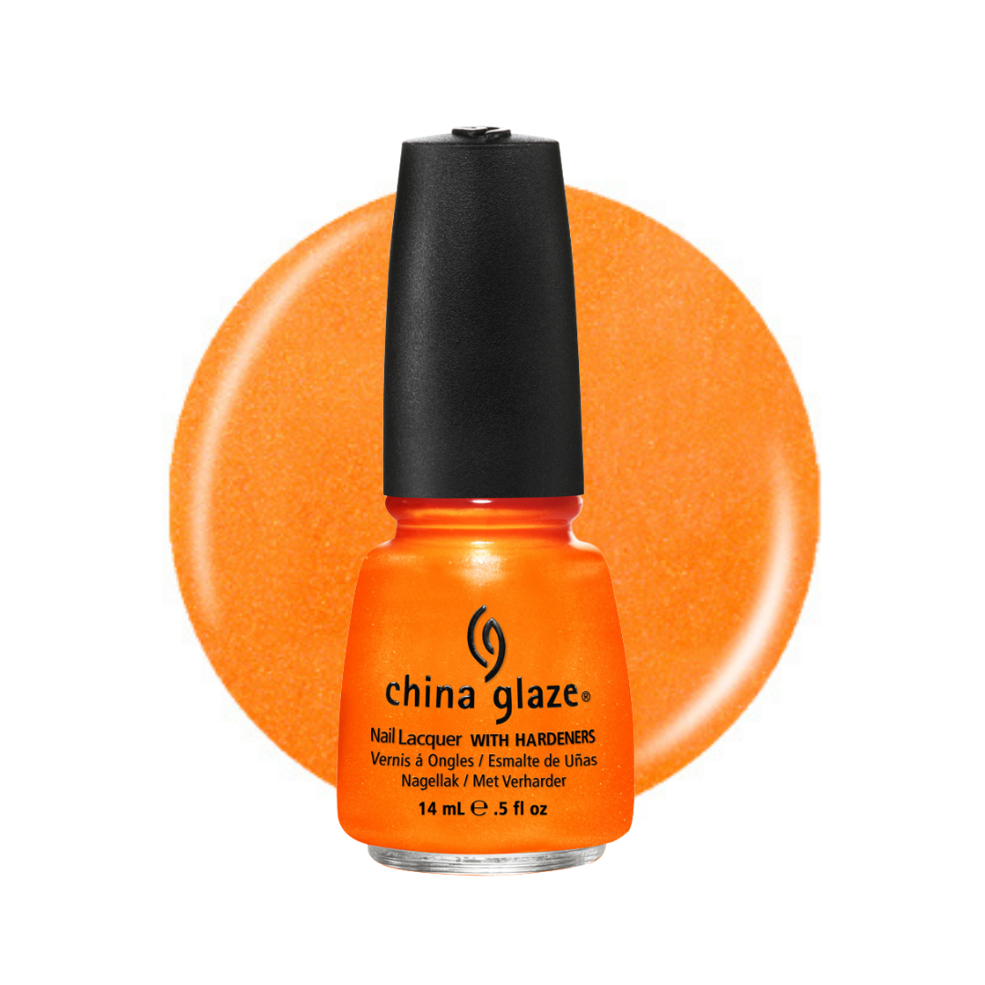 A bottle of China Glaze nail polish in a bright orange shade, shown against a white background with a matching orange color swatch behind it.