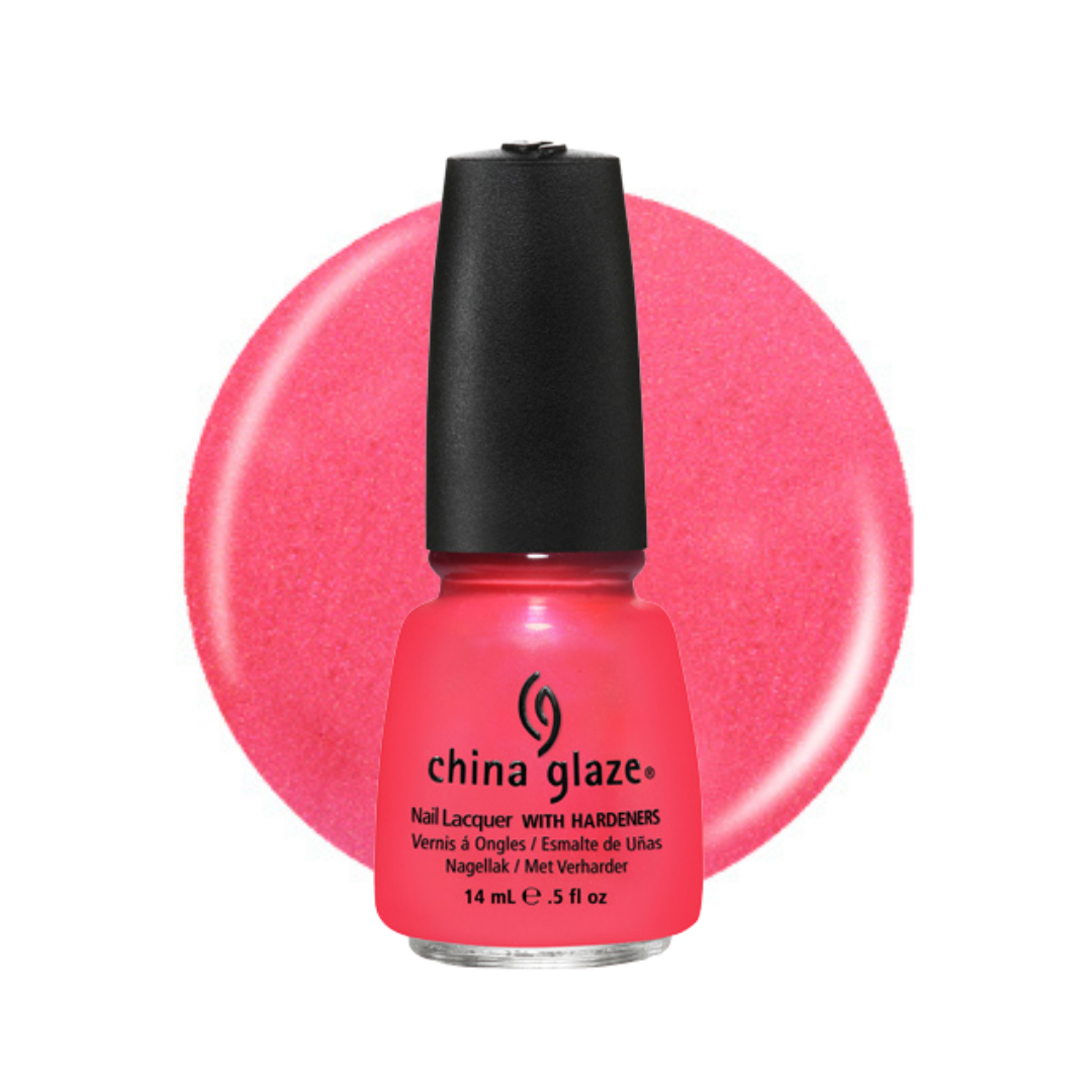 A bottle of China Glaze nail polish in a bright pink shade, shown in front of a matching pink color swatch on a white background.