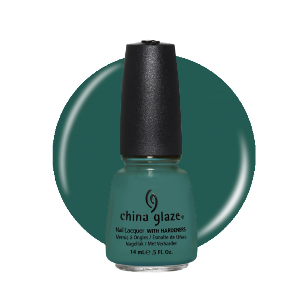 A bottle of China Glaze nail polish in a deep teal green shade, shown in front of a matching circular color swatch on a white background.