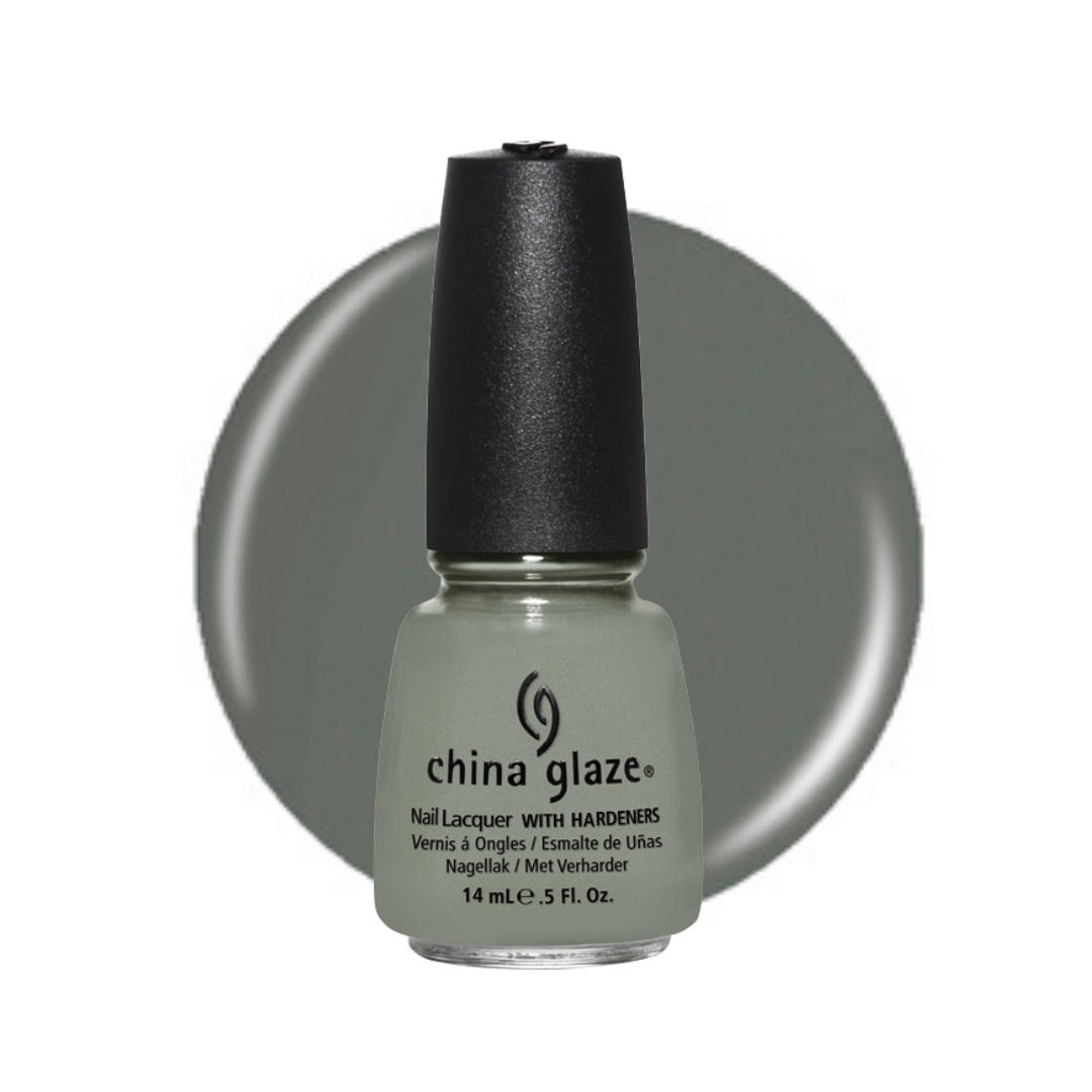 A bottle of China Glaze nail lacquer in a muted sage green grey shade, shown with a matching circular color swatch behind it on a white background.