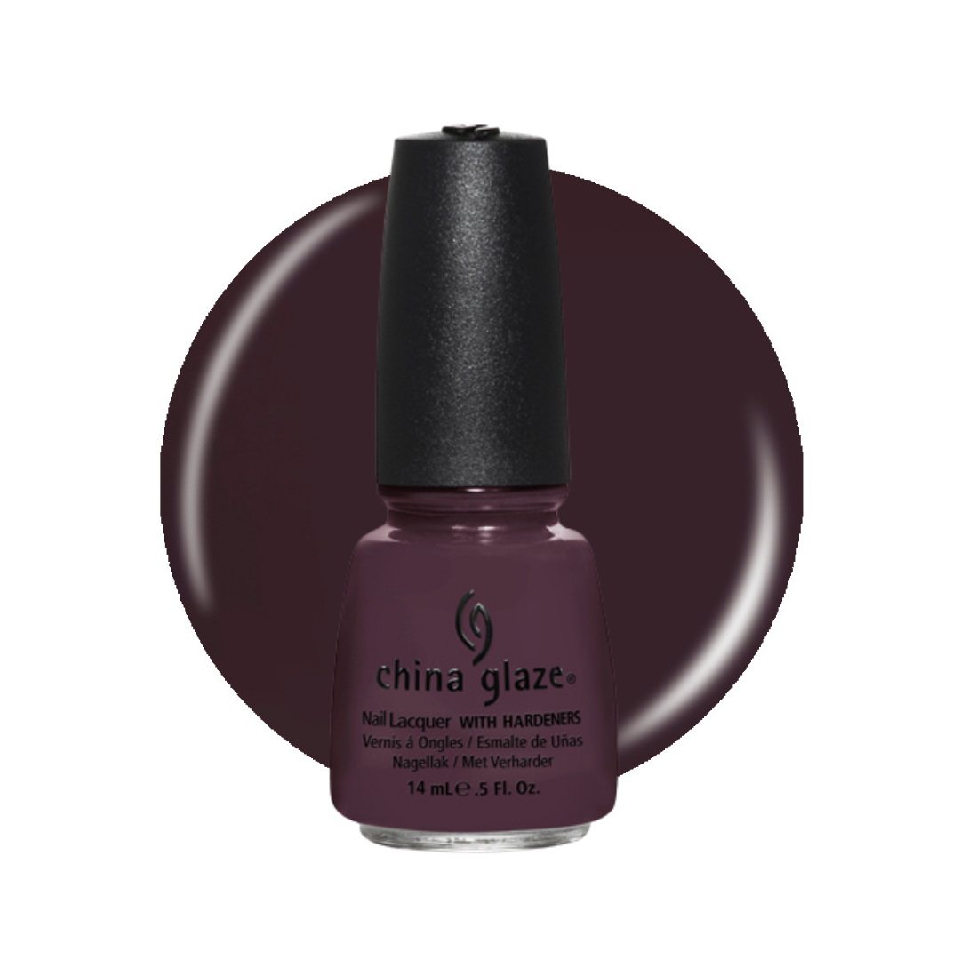 A bottle of China Glaze nail polish in a deep plum purple shade, shown in front of a matching circular color swatch on a white background.