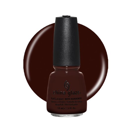 A bottle of China Glaze nail lacquer with a black cap, shown against a dark brown circular color swatch on a white background.