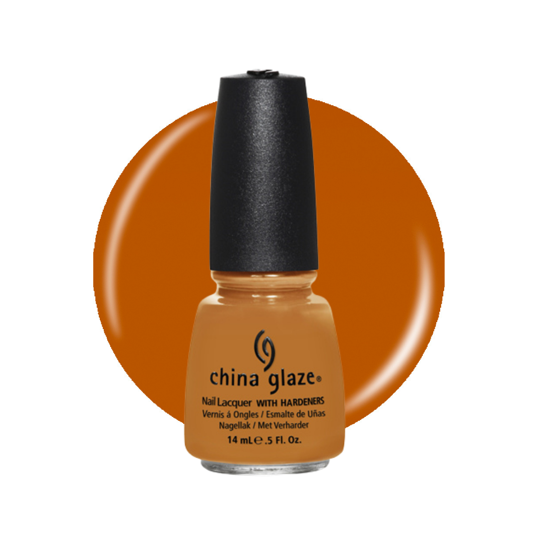 A bottle of China Glaze nail polish in a warm burnt orange shade, positioned in front of a matching circular color swatch on a white background.