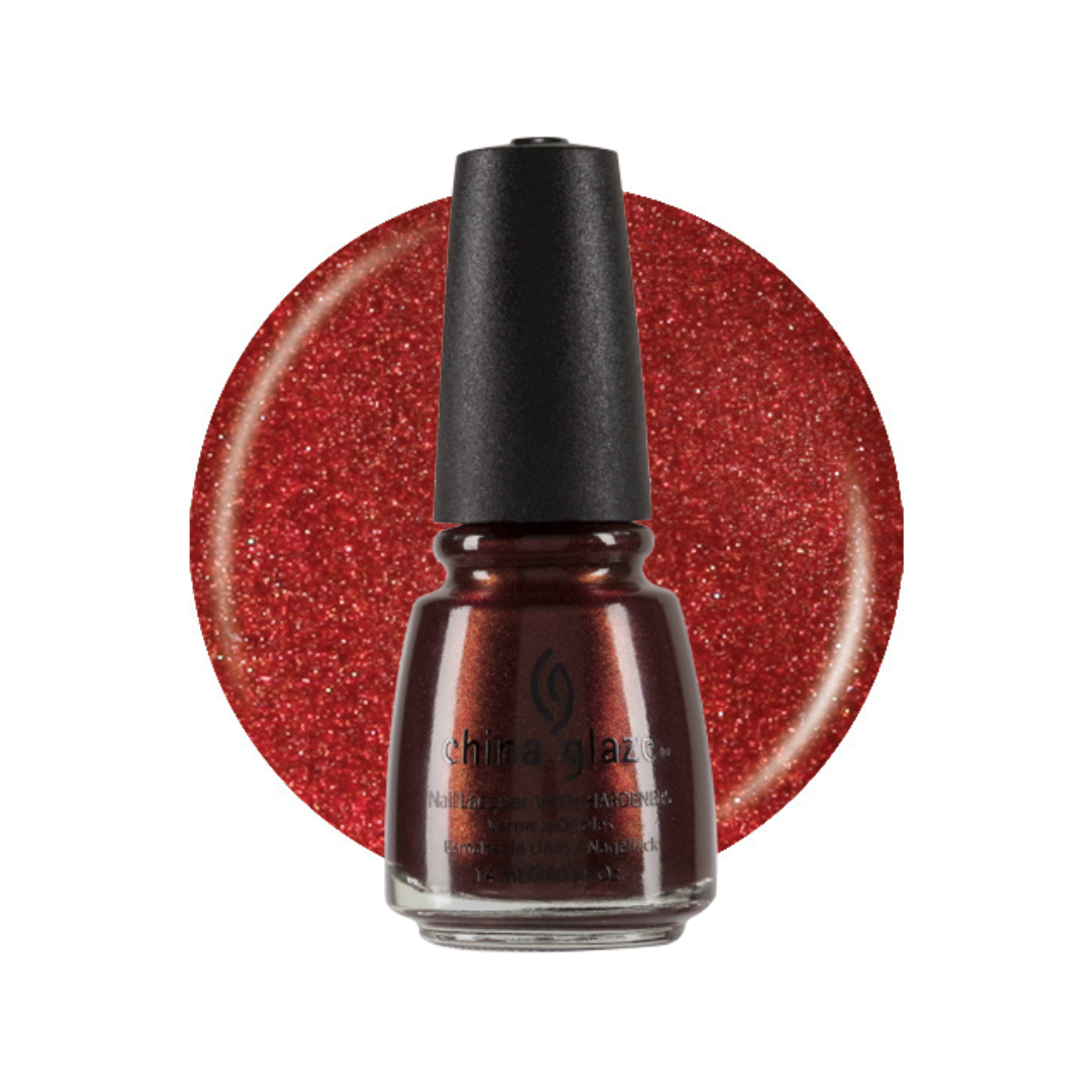 A bottle of China Glaze nail polish in a glittery coppery red shade, shown in front of a matching circular swatch on a white background.