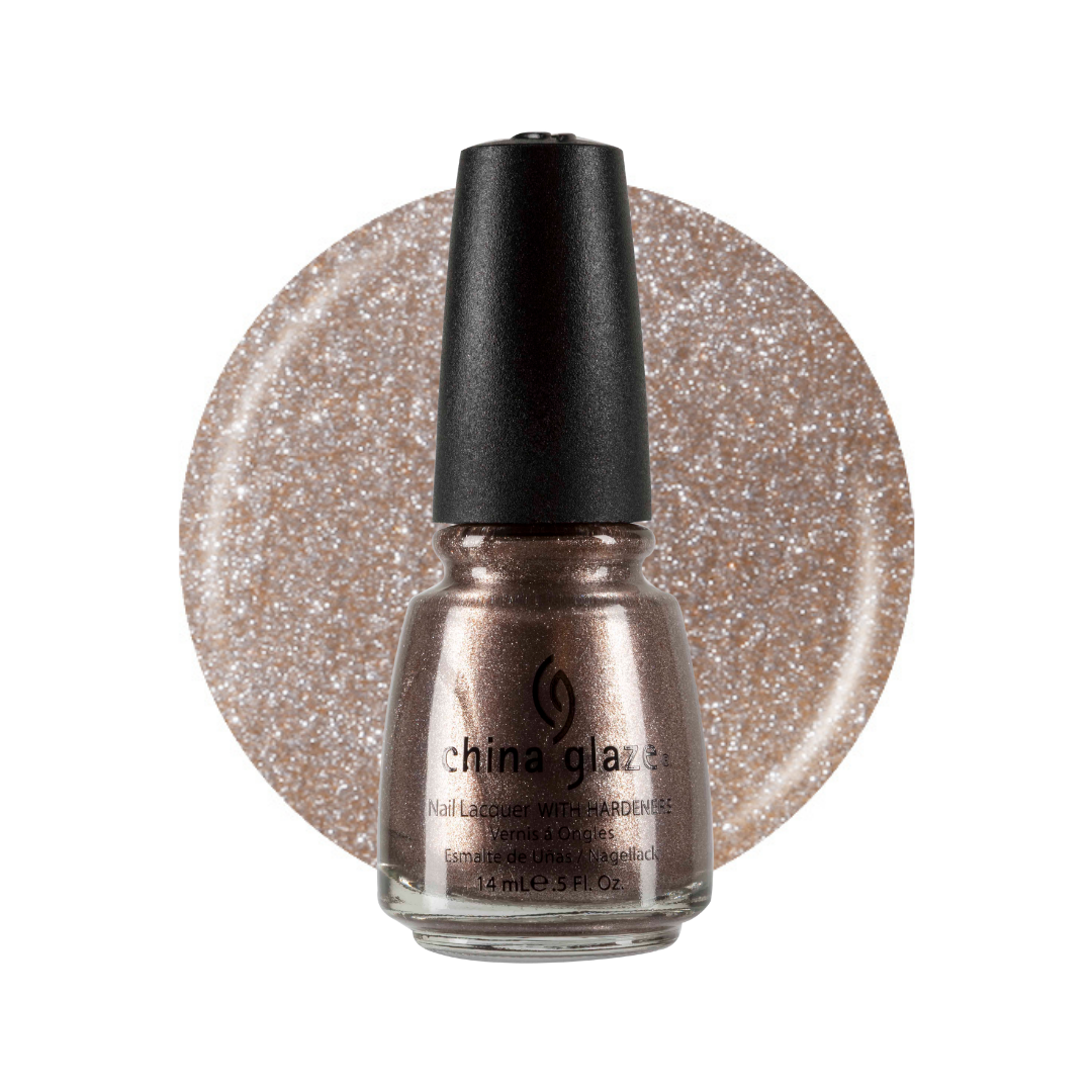 A bottle of China Glaze nail polish with a black cap, set against a circular glitter swatch of the same metallic rose-gold shimmer on a white background.