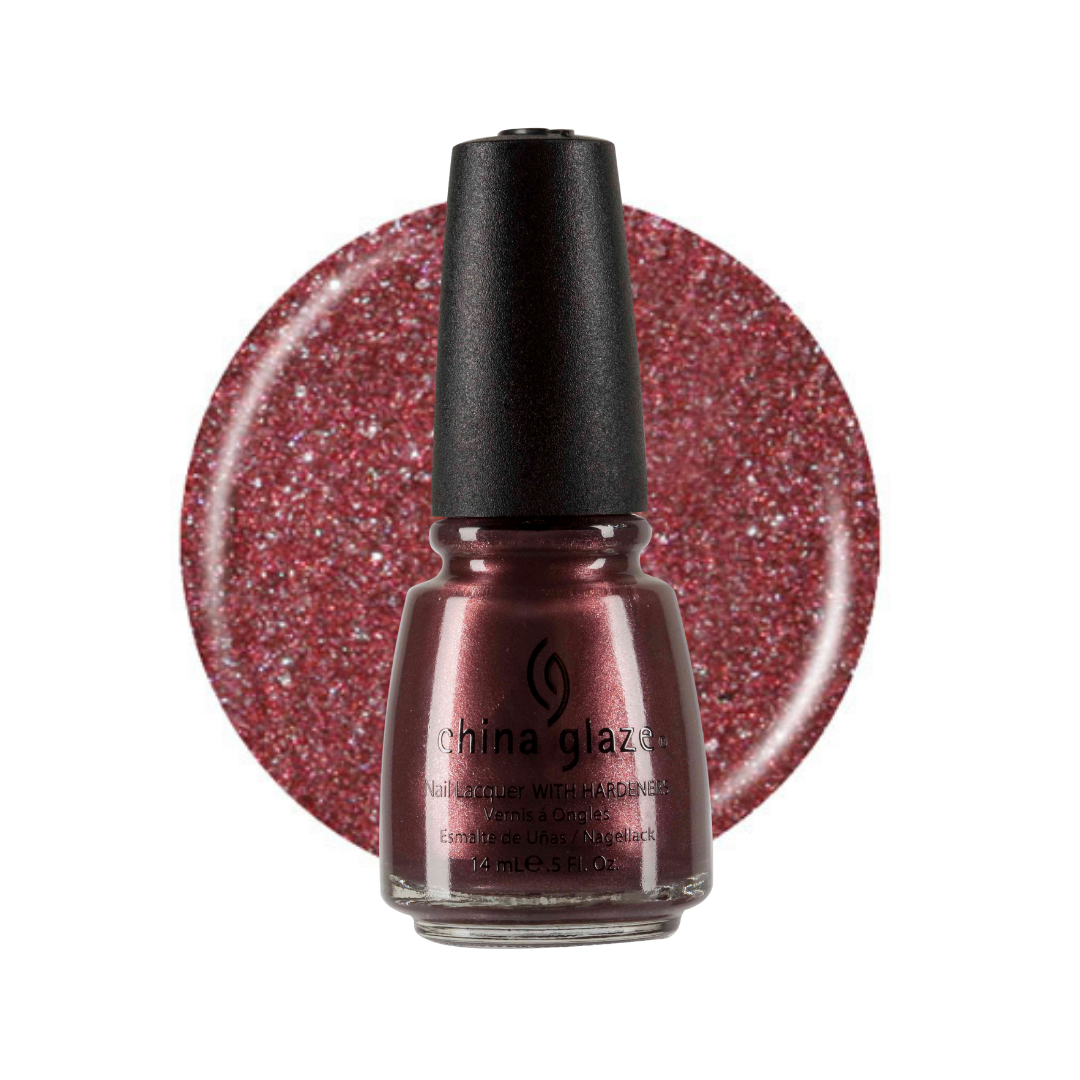 A bottle of China Glaze nail polish with a black cap, shown in front of a circular glitter swatch of the same deep berry-red shade on a white background.