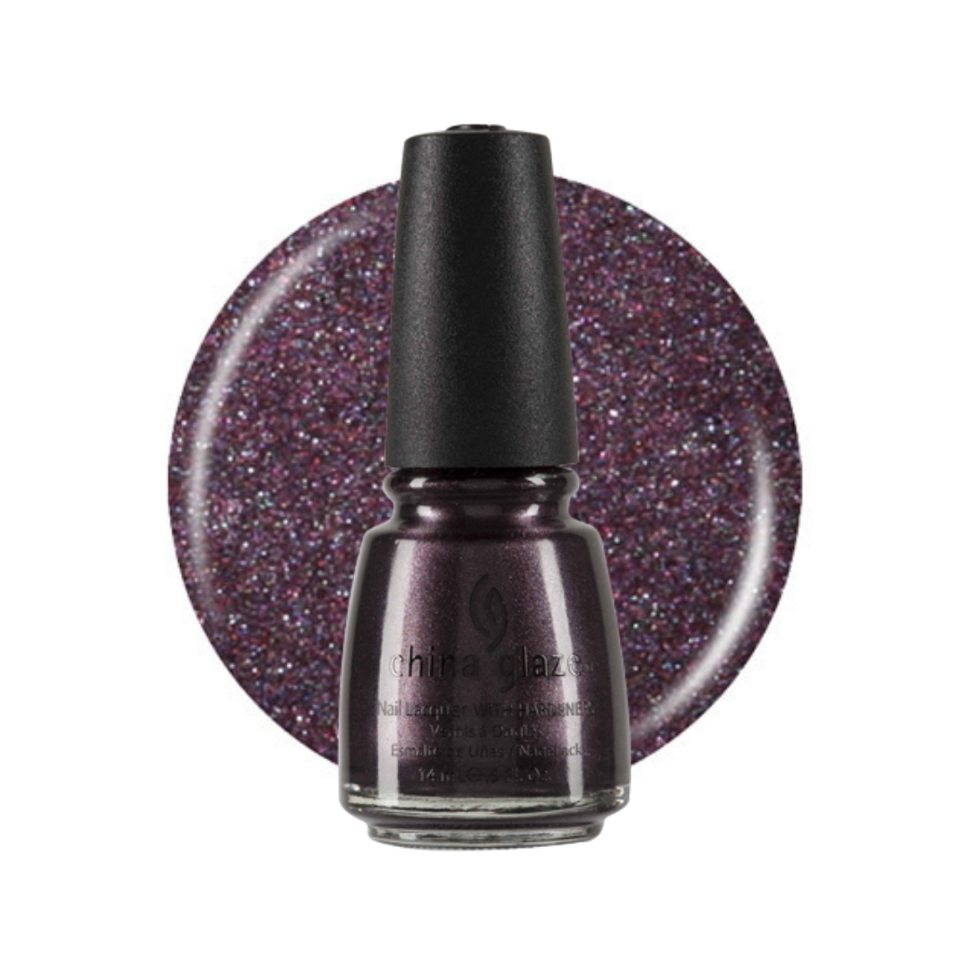 A bottle of China Glaze nail polish in a dark, glittery plum shade, shown in front of a circular color swatch of the same sparkling purple color on a white background.