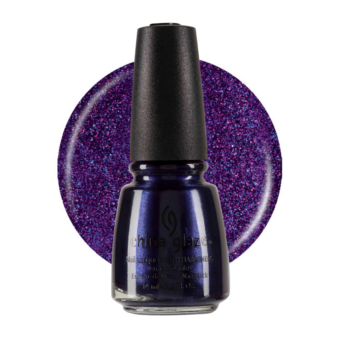 A bottle of China Glaze nail polish in a deep purple shade with a black cap, set against a circular glitter swatch of the same purple color on a white background.
