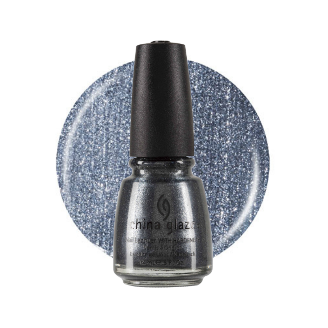 A bottle of China Glaze nail polish with a black cap, shown in front of a circular glitter swatch of the same icy blue-gray shade on a white background.