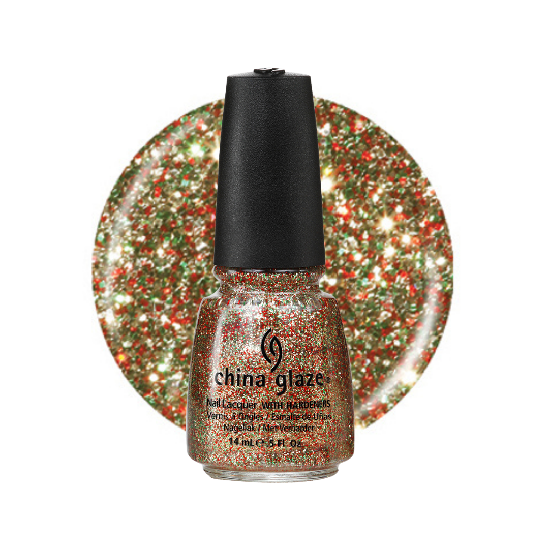 A bottle of China Glaze nail polish with heavy glitter, shown in front of a circular color swatch of the same sparkling holiday gold, green, and red glitter polish on a white background.