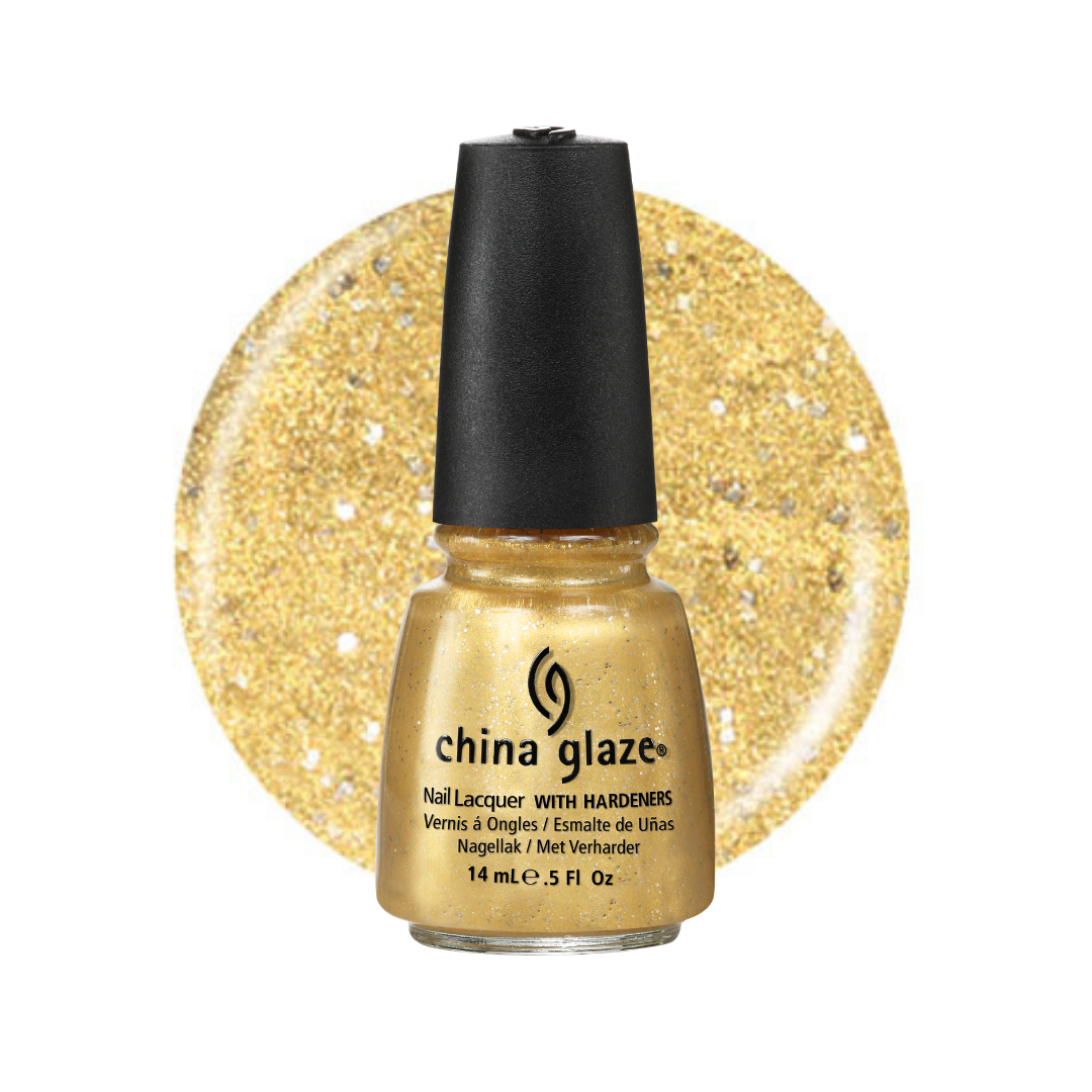 A bottle of China Glaze nail lacquer with shimmering gold glitter polish, shown in front of a circular gold glitter color swatch on a white background.