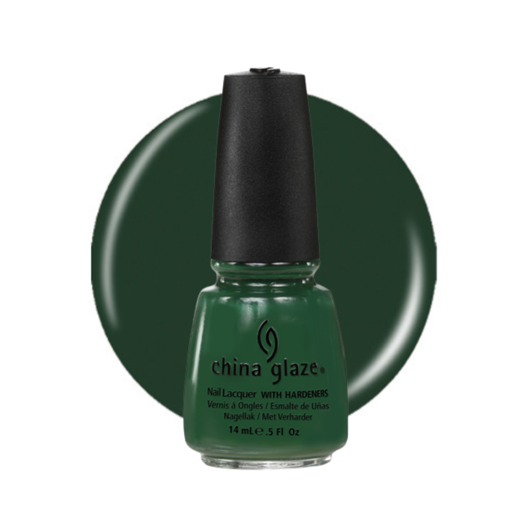 A bottle of China Glaze nail polish in a deep forest green shade, shown in front of a matching circular color swatch on a white background.