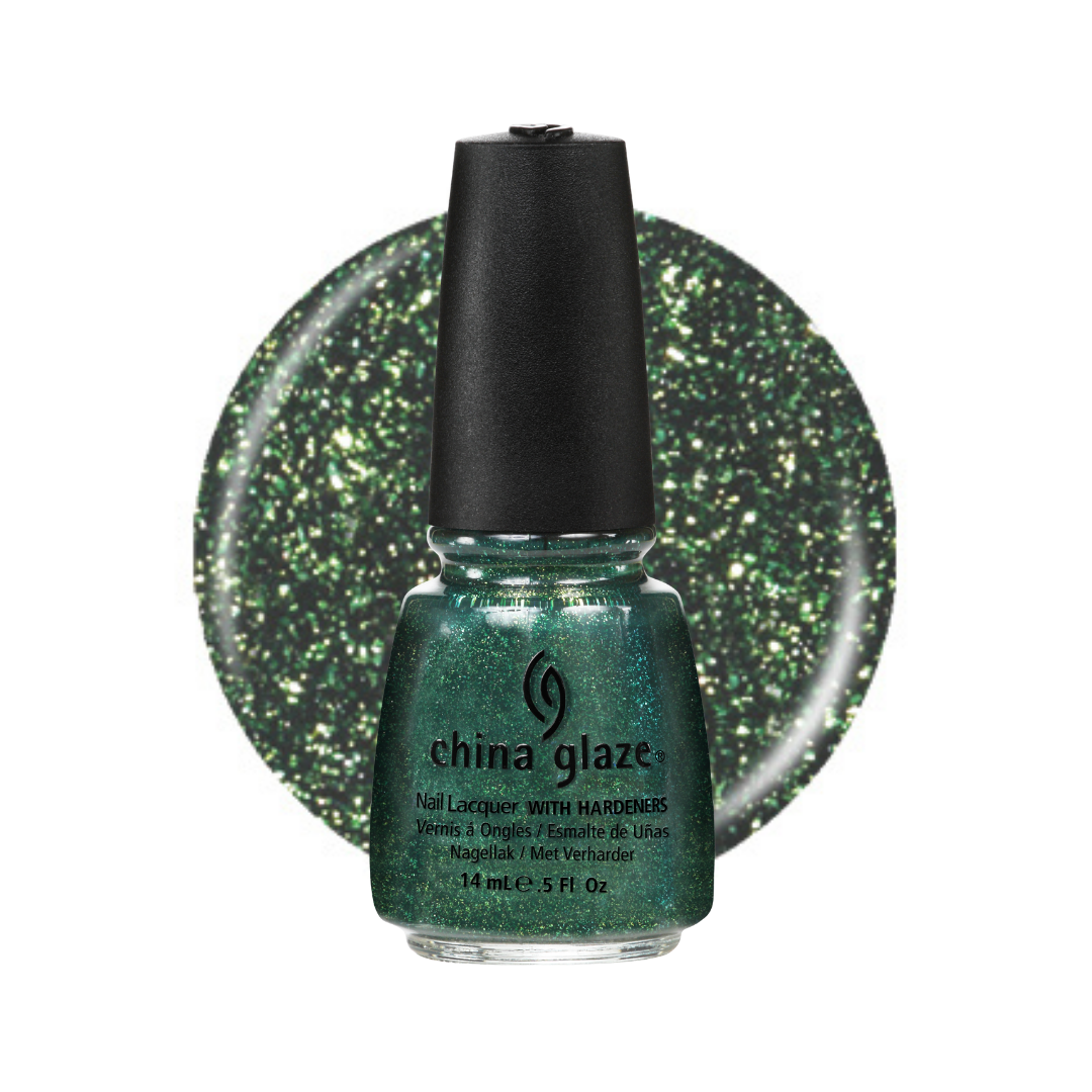 A bottle of China Glaze nail polish in a sparkling green shade, shown in front of a circular swatch of the same glittery green polish on a white background.