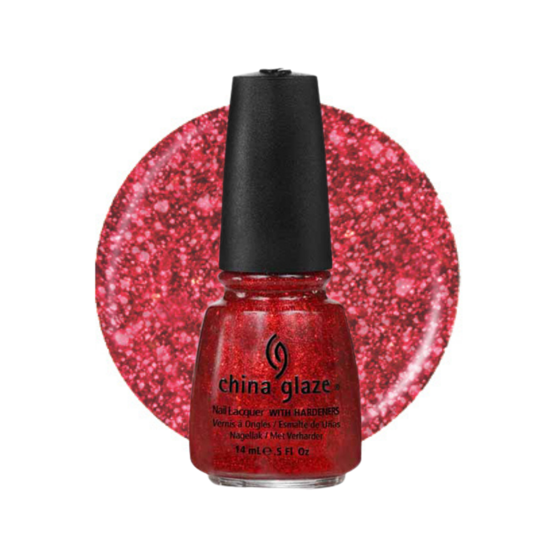 A bottle of China Glaze nail polish with a black cap, shown in front of a circular glitter swatch of the same red glitter polish on a white background.
