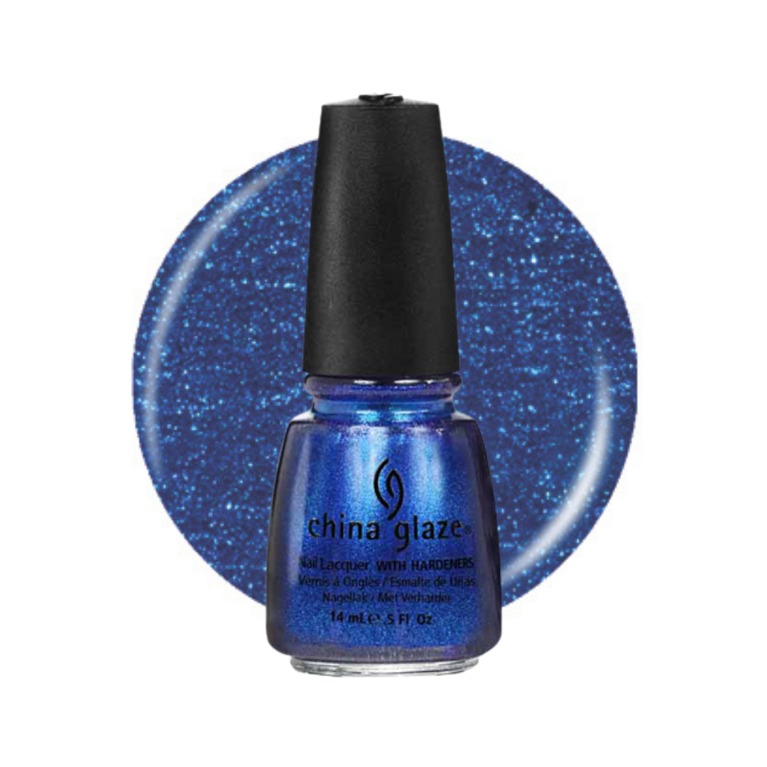 A bottle of China Glaze nail polish with a black cap, shown in front of a large circular blue glitter swatch on a white background.
