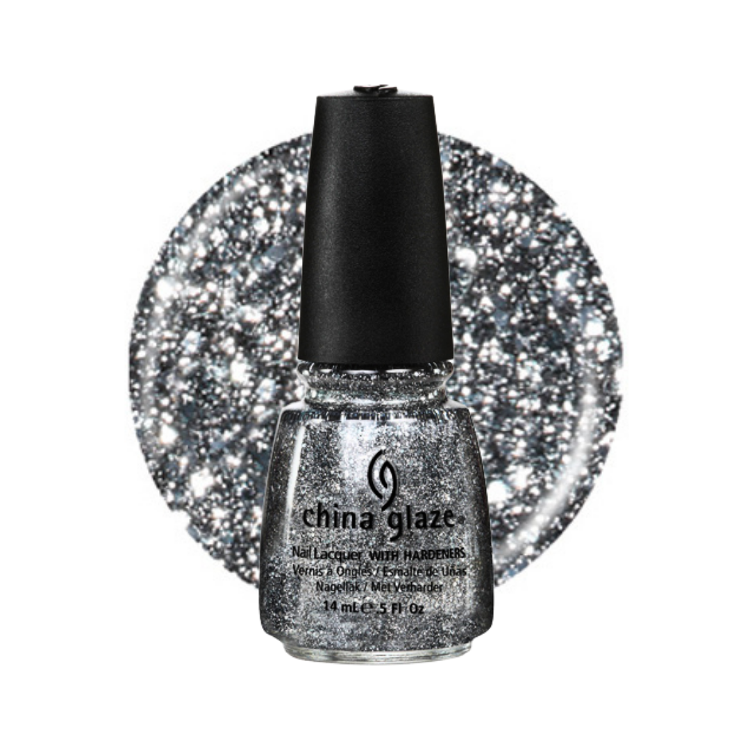 A bottle of China Glaze nail polish with silver glitter, shown in front of a circular swatch of the same sparkling silver color on a white background.