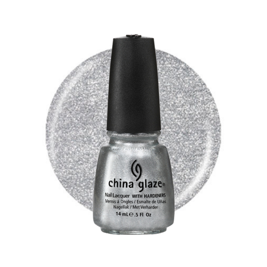 A bottle of China Glaze hardener nail lacquer with a black cap, shown in front of a circular silver glitter swatch on a white background.